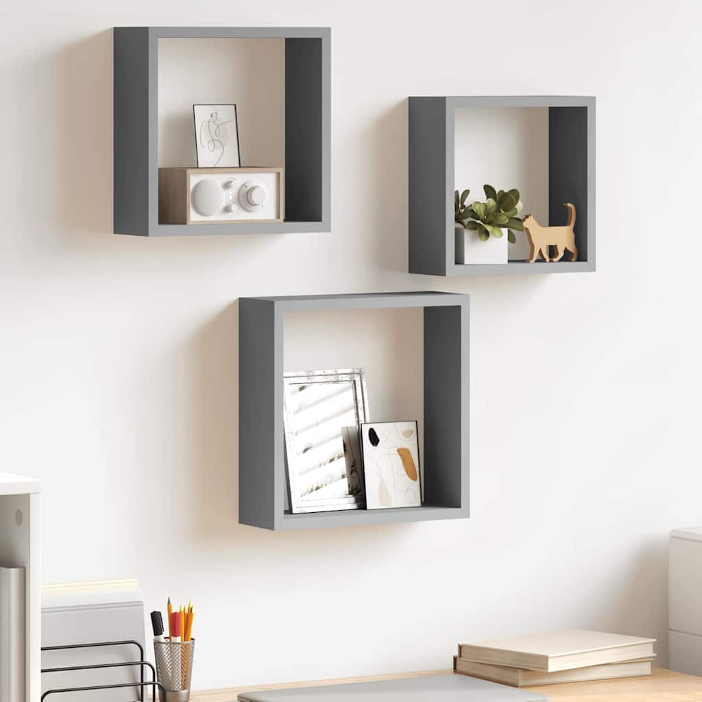 Vidaxl wandschappen kubus 3 st mdf grijs