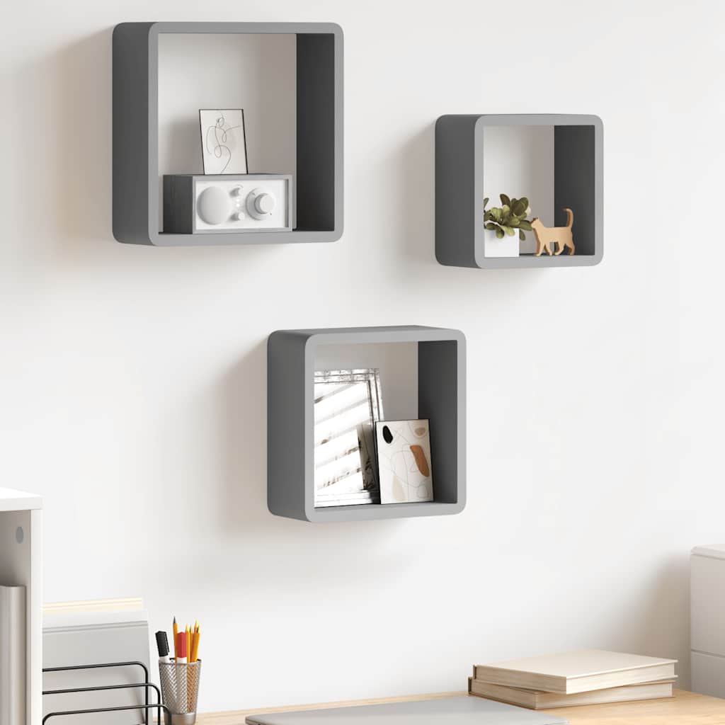 Vidaxl wandschappen kubus 3 st mdf grijs