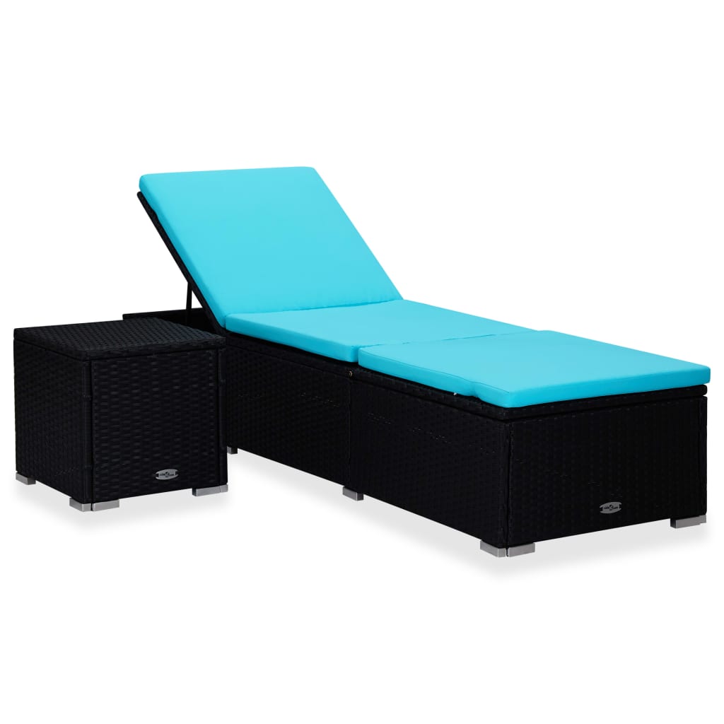 Vidaxl ligbed met kussen en theetafel poly rattan blauw