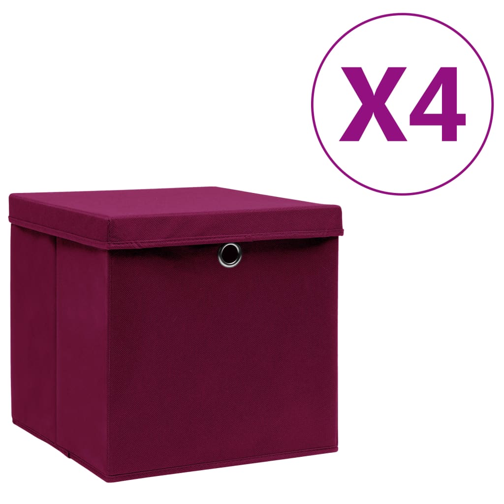 Cajas de almacenamiento de Vidaxl con tapa 4 PCS 28x28x28 cm rojo oscuro