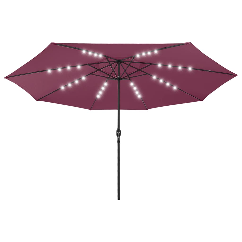 Vidaxl -parasol med LED -belysning og metalstang 400 cm Bordeaux rød