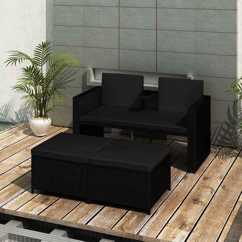 Vidaxl 3-delige loungeset met kussens poly rattan zwart