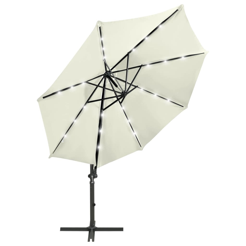 Vidaxl flytende parasol med stolpe og LED-belysning 300 cm sandfarget