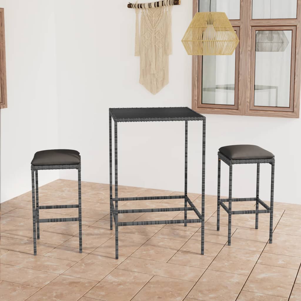 Vidaxl 3-delige tuinbarset met kussens poly rattan grijs
