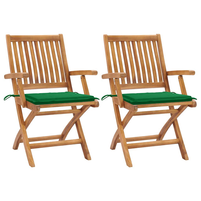 Vidaxl inklapbare stoelen 2 st met groene kussens massief teakhout