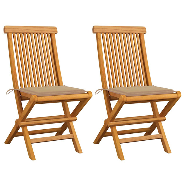 Vidaxl opklapbare stoelen met beige kussens, 2 stuks, massief teakhout