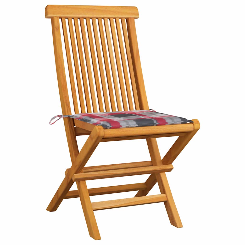 Vidaxl tuinstoelen 2 st met rood geruite kussens massief teakhout
