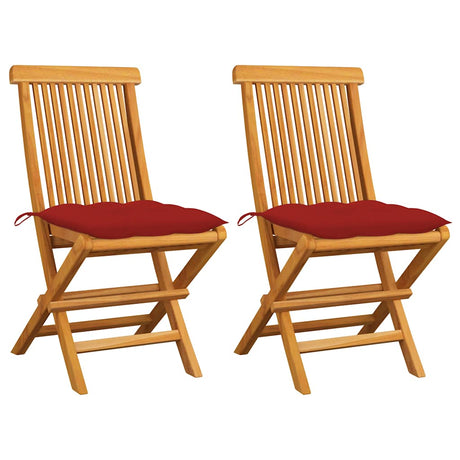 Vidaxl opklapbare stoelen met rode kussens, 2 stuks, massief teakhout