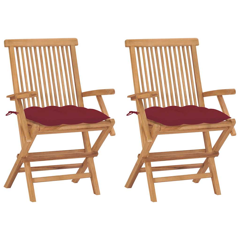 Vidaxl tuinstoelen 2 st met wijnrode kussens massief teakhout