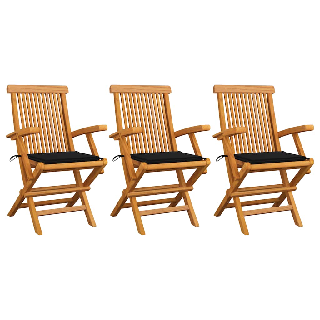 Vidaxl tuinstoelen 3 st met zwarte kussens massief teakhout