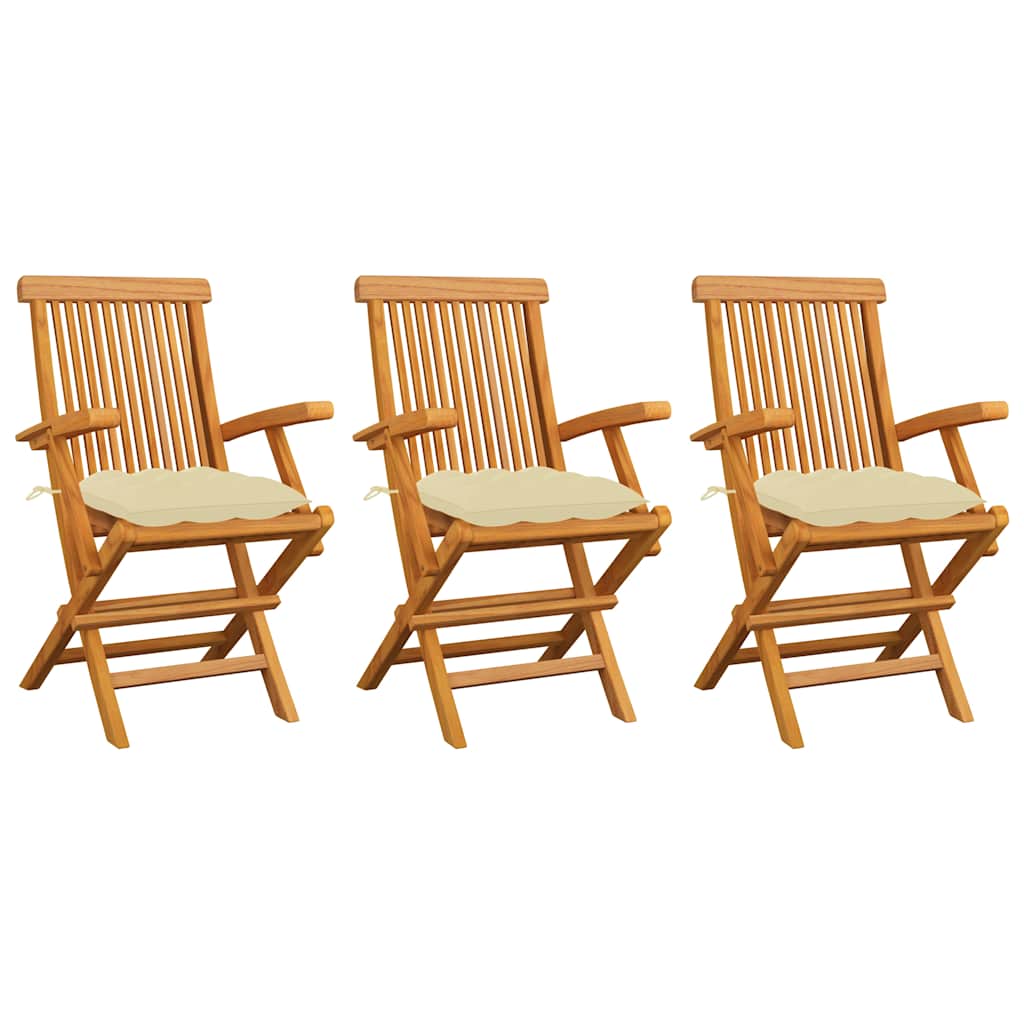 Vidaxl tuinstoelen 3 st met crèmewitte kussens massief teakhout