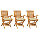 Vidaxl tuinstoelen 3 st met crèmewitte kussens massief teakhout
