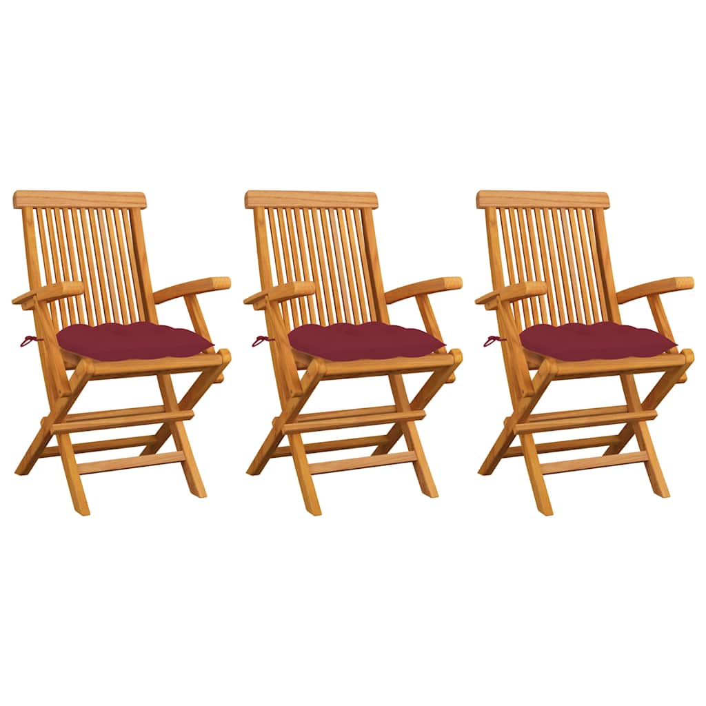 Vidaxl klapstoelen met wijnrode kussens, 3 stuks, massief teakhout