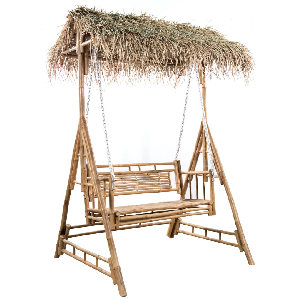 VidaXL Swing bench 2-seater with palm leaves and cushion 202 cm bamboo