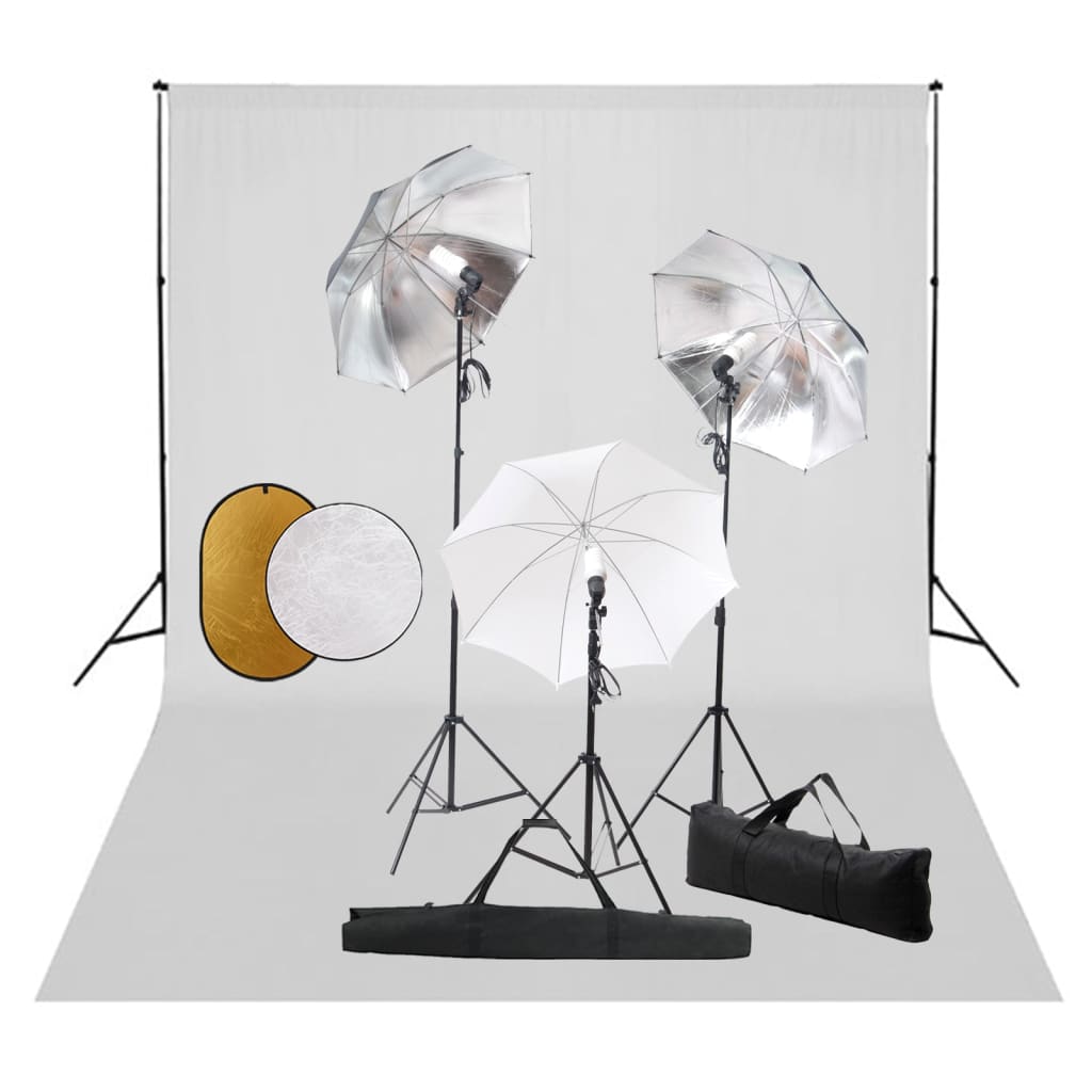 Vidaxl Photo Studio Set med lamper, paraplyer, baggrund og reflektor