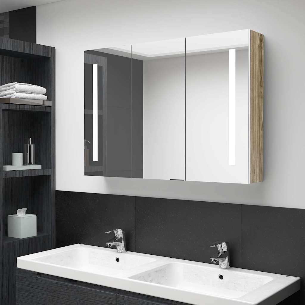 Vidaxl badkamerkast met spiegel en led 89x14x62 cm wit en eikenkleurig