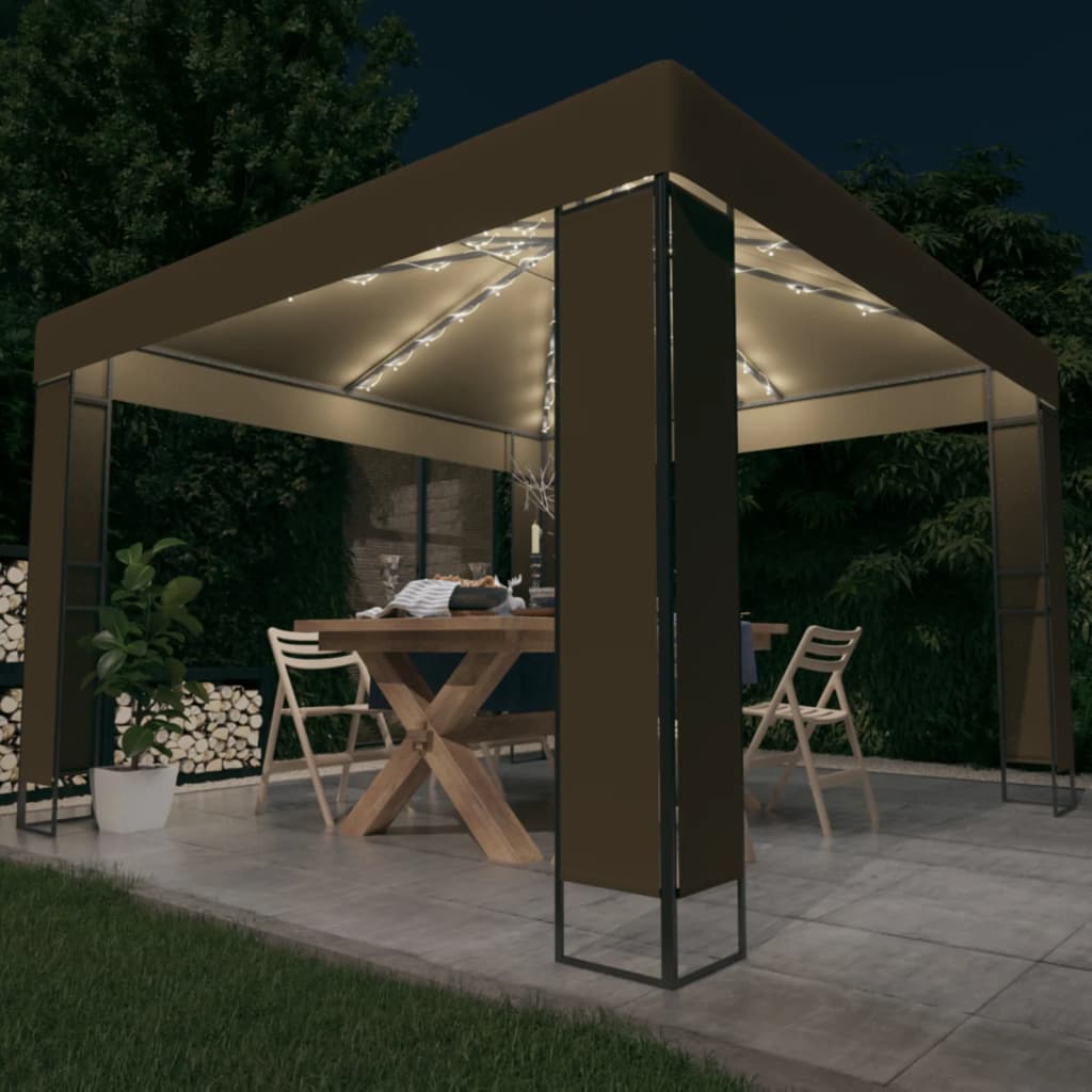 Vidaxl prieel met dubbel dak en led-lichtslinger 3x3x2,7 m taupe