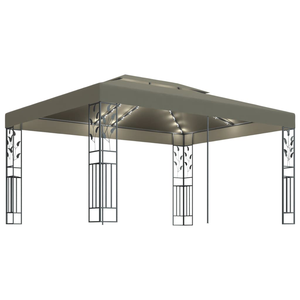 Arbor Vidaxl con techo doble y guirnalda de luz LED 3x4 m taupe