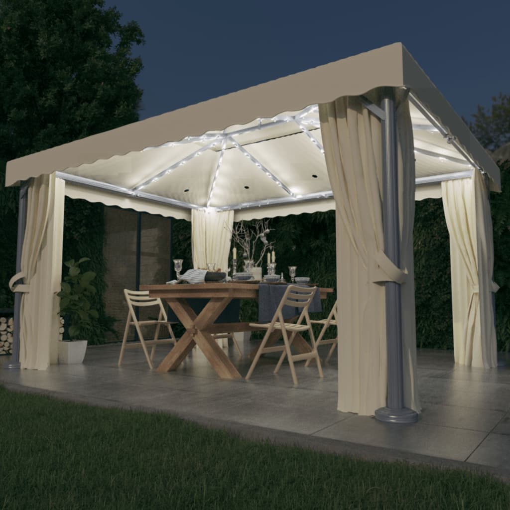 Vidaxl Arbor med gardin og LED -lys Garland 4x3 m fløde hvid