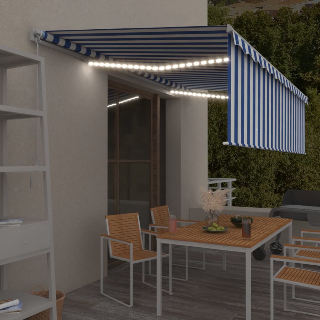 VidaXL Luifel handmatig uittrekbaar met rolgordijn LED 5x3 m blauw wit