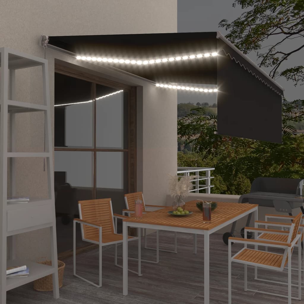 VidaXL Luifel handmatig uittrekbaar met rolgordijn LED 4x3 m antraciet