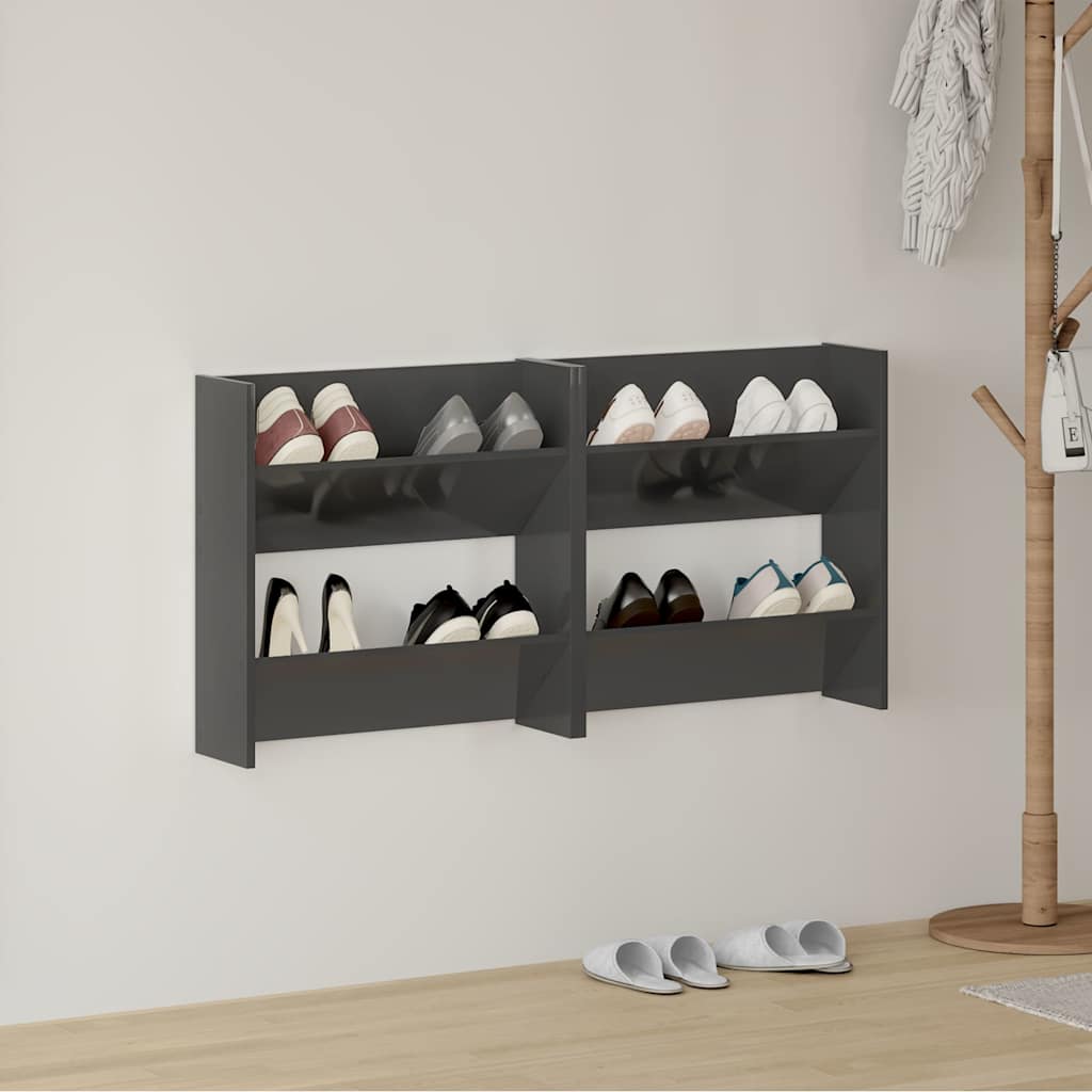 Vidaxl wandschoenenkasten 2 st 60x18x60 cm hout hoogglans grijs