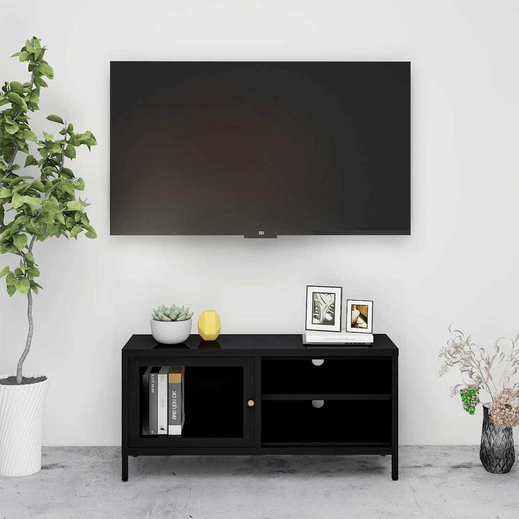 Vidaxl tv-meubel 90x30x44 cm staal en glas zwart
