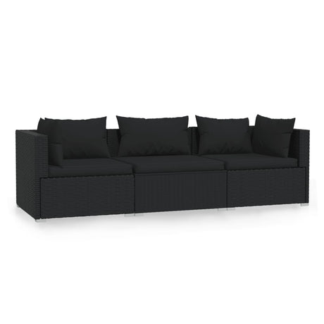 Vidaxl driezitsbank met kussens poly rattan zwart