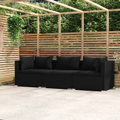 Vidaxl driezitsbank met kussens poly rattan zwart