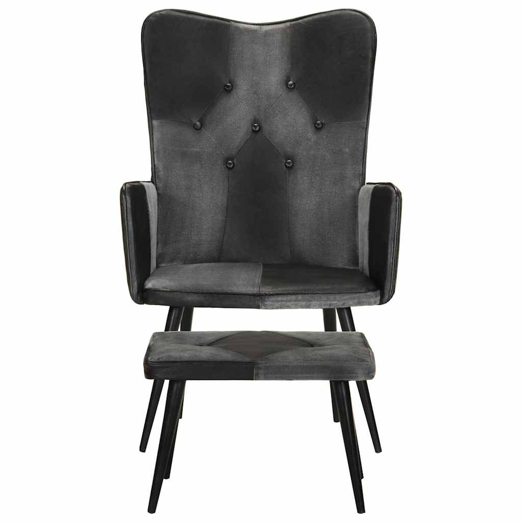 Vidaxl fauteuil met voetensteun echt leer en canvas zwart