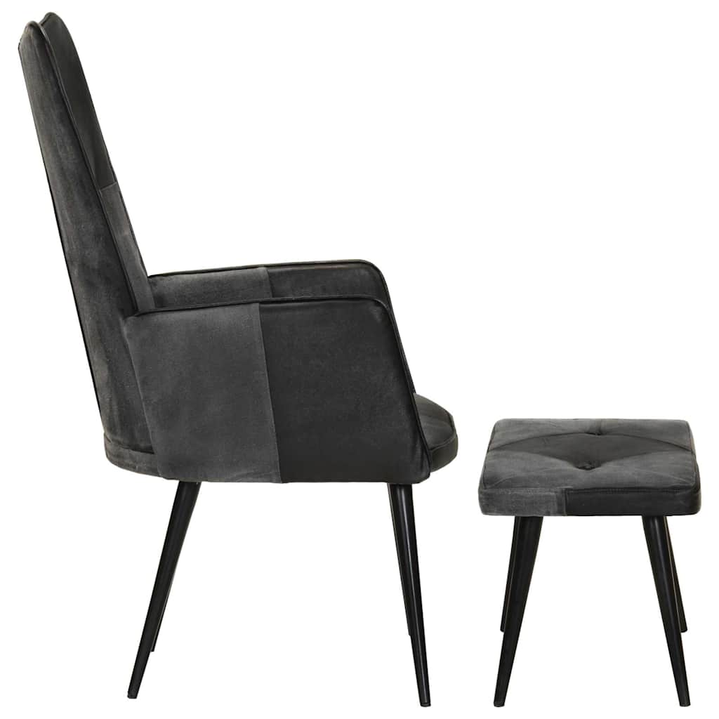 Vidaxl fauteuil met voetensteun echt leer en canvas zwart