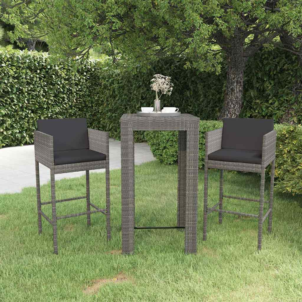 Vidaxl 3-delige tuinbarset met kussens poly rattan grijs