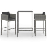 Vidaxl 3-delige tuinbarset met kussens poly rattan grijs