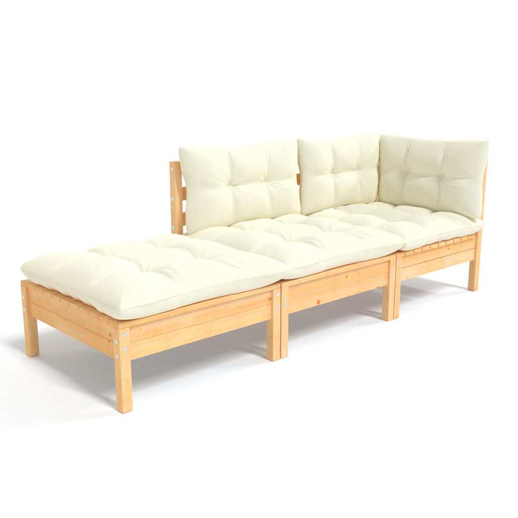 Vidaxl 3-delige loungeset met crèmekleurige kussens massief grenenhout