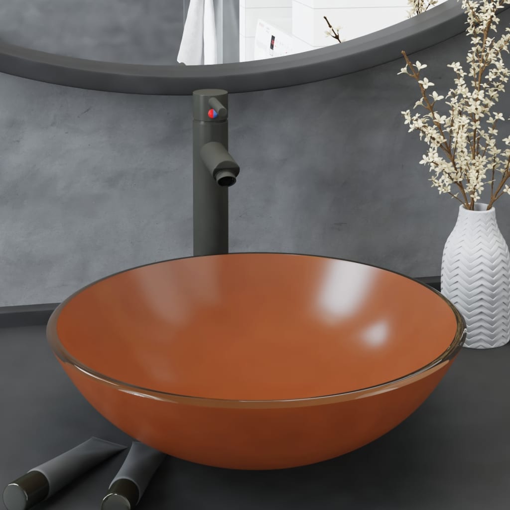 Vidaxl wastafel met kraan en pop-up afvoer gehard glas bruin
