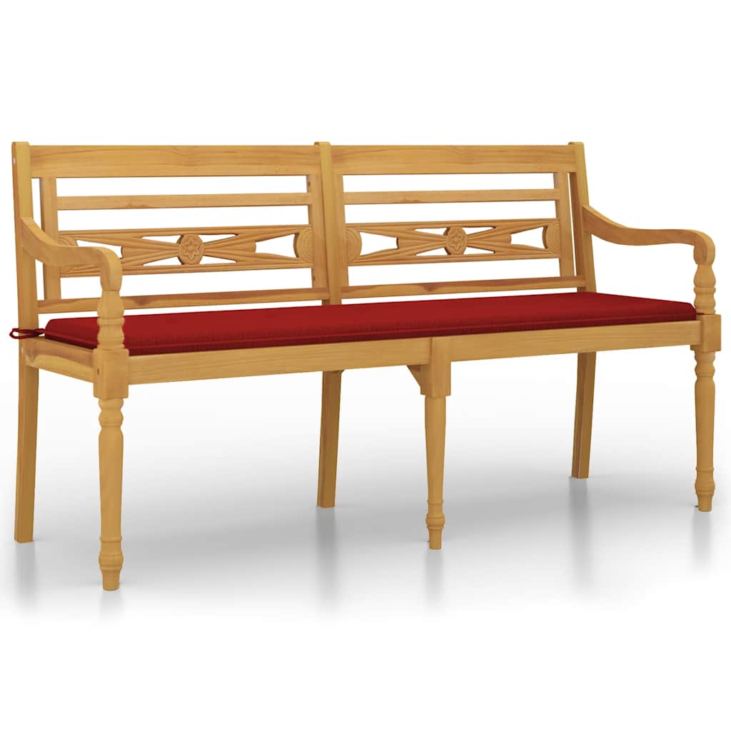 Vidaxl bankje batavia met rood kussen 150 cm massief teakhout