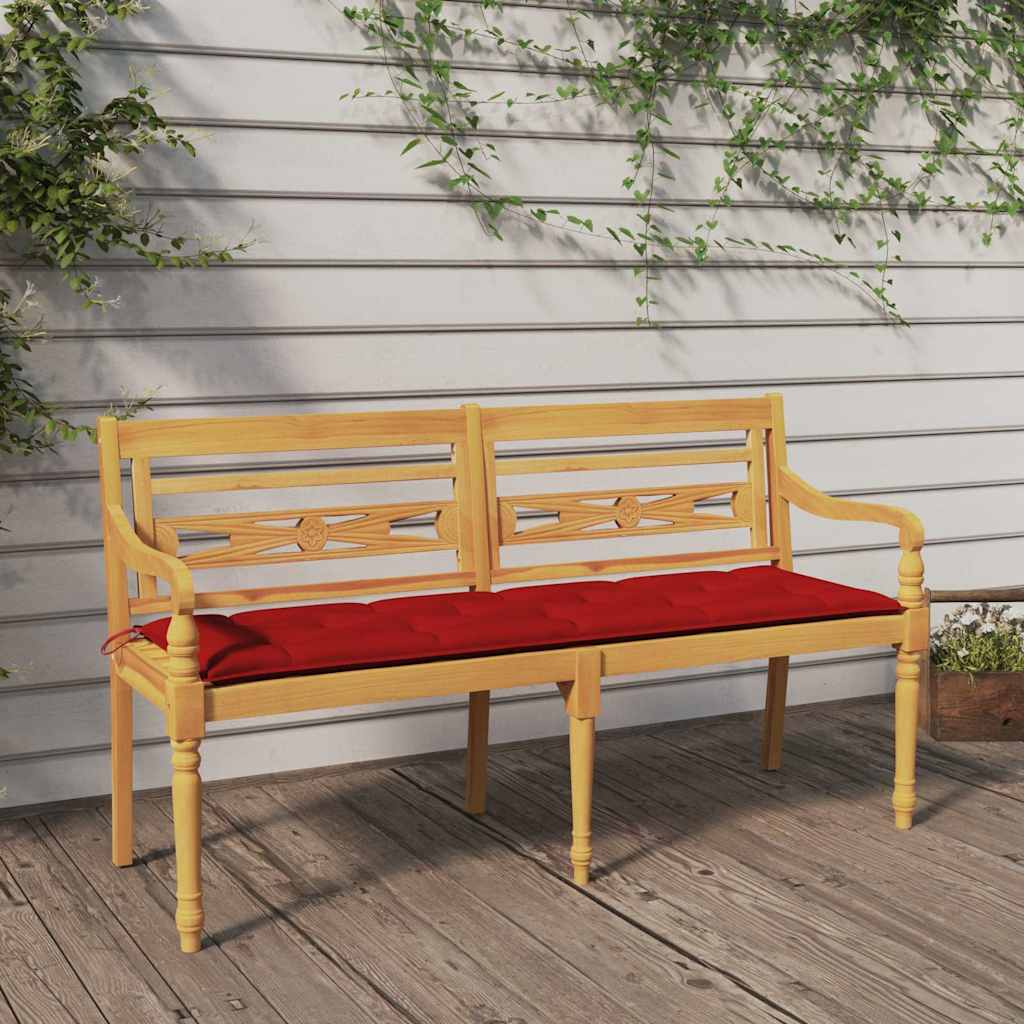 Vidaxl bankje batavia met rood kussen 150 cm massief teakhout