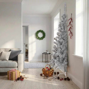 Vidaxl kunstkerstboom half met standaard 210 cm pet zilverkleurig