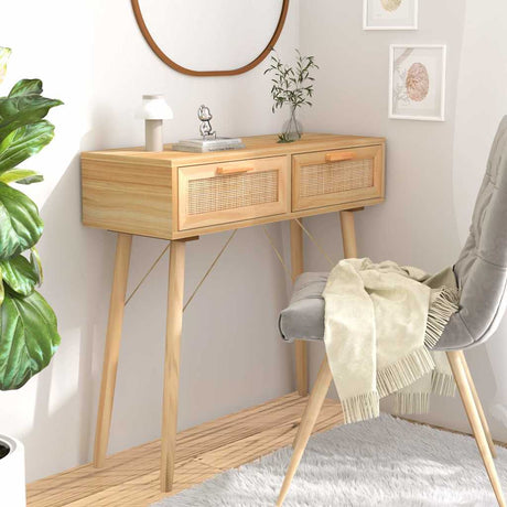 Vidaxl wandtafel 80x30x75 cm massief grenenhout en natuurlijk rattan