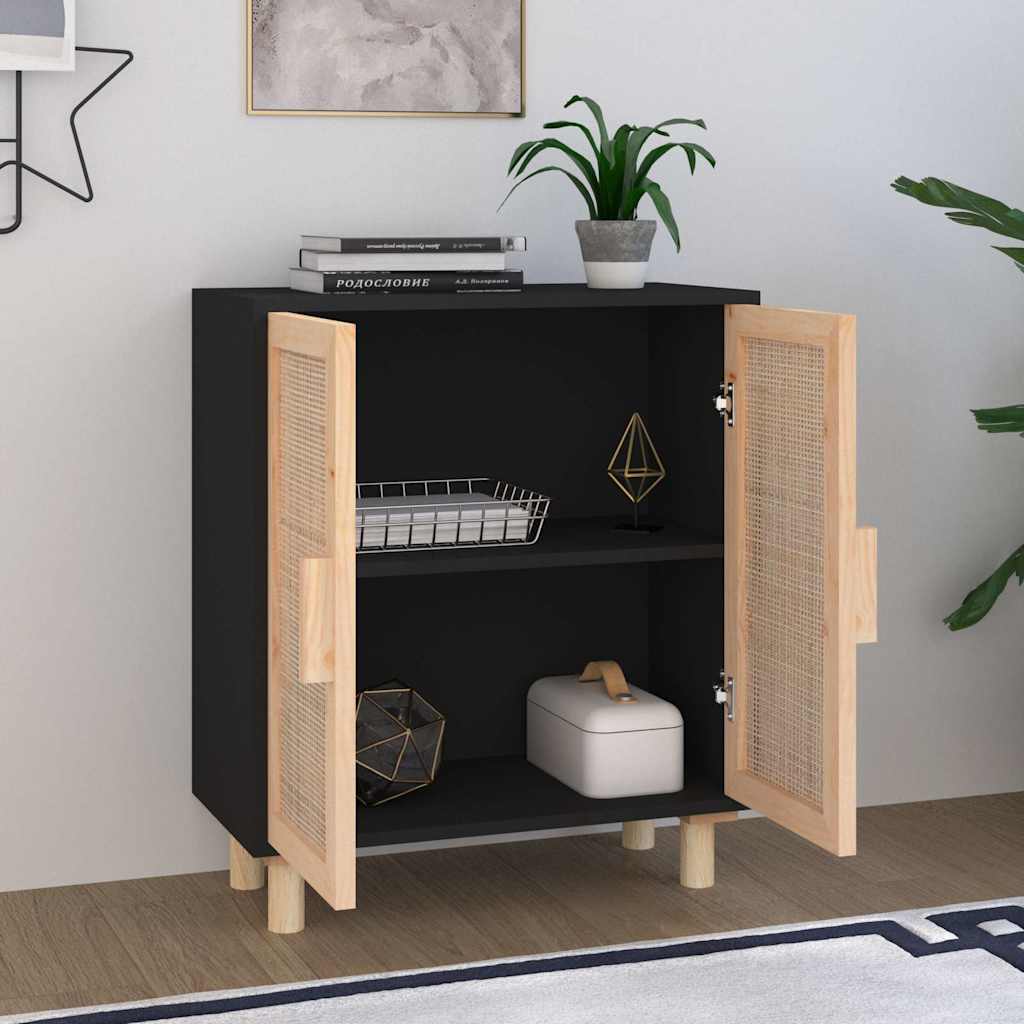 Vidaxl dressoir 60x30x70 cm massief grenen hout en rattan zwart