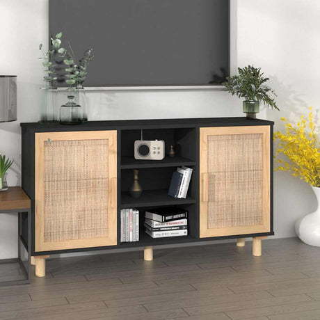 Vidaxl dressoir 105x30x60 cm massief grenen hout en rattan zwart