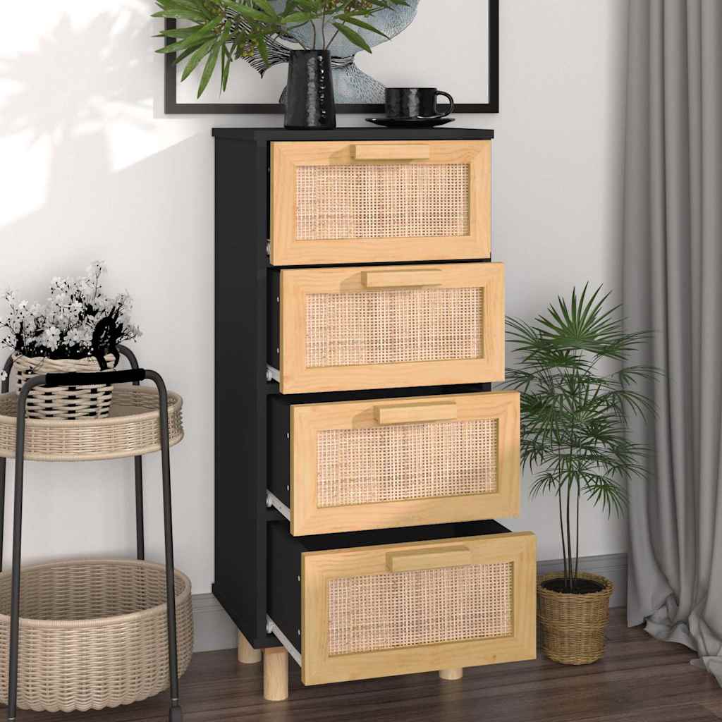 Vidaxl dressoir 40x30x90 cm massief grenen hout en rattan zwart