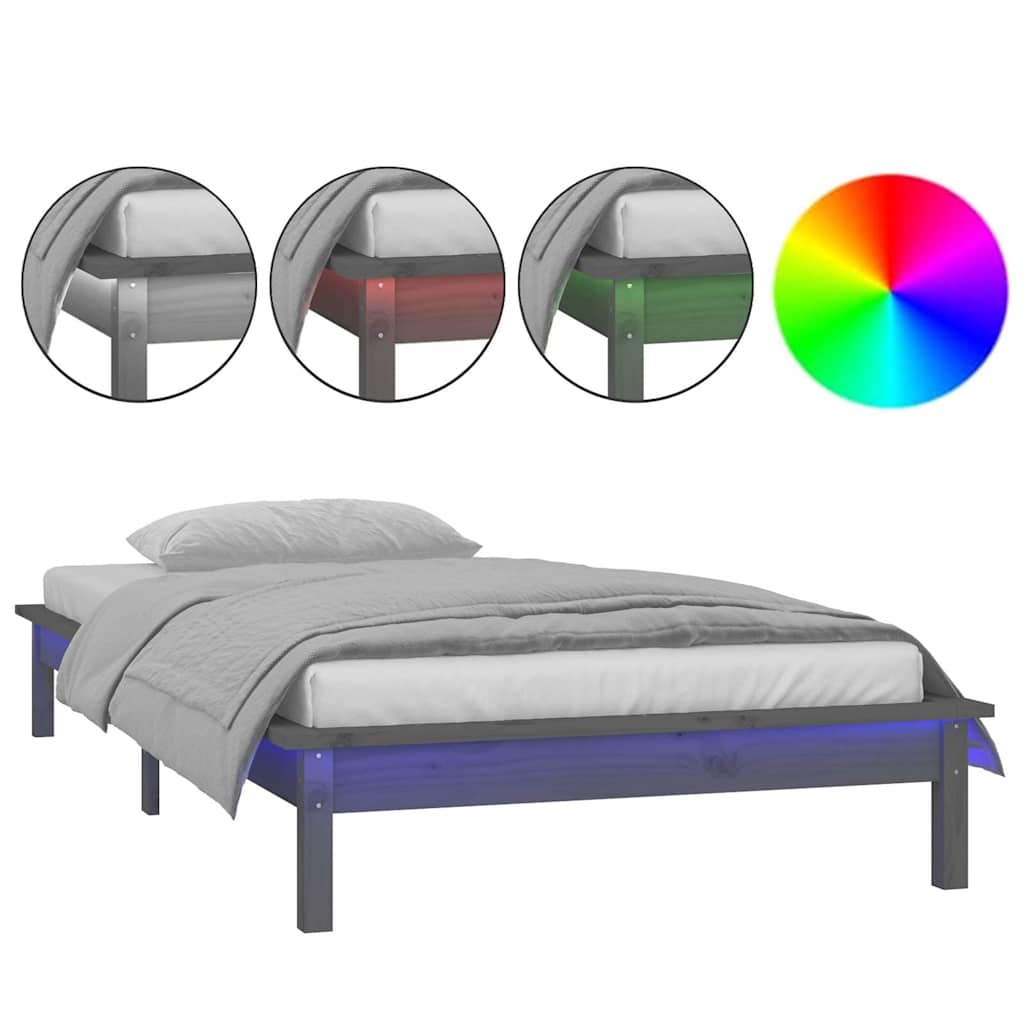 Vidaxl bedframe led massief hout grijs 90x190 cm