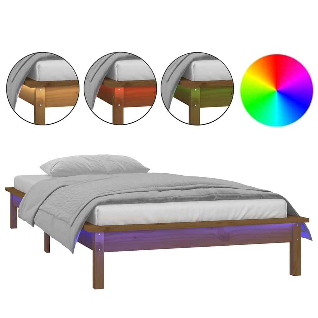 Vidaxl bedframe led massief hout honingbruin 90x190 cm