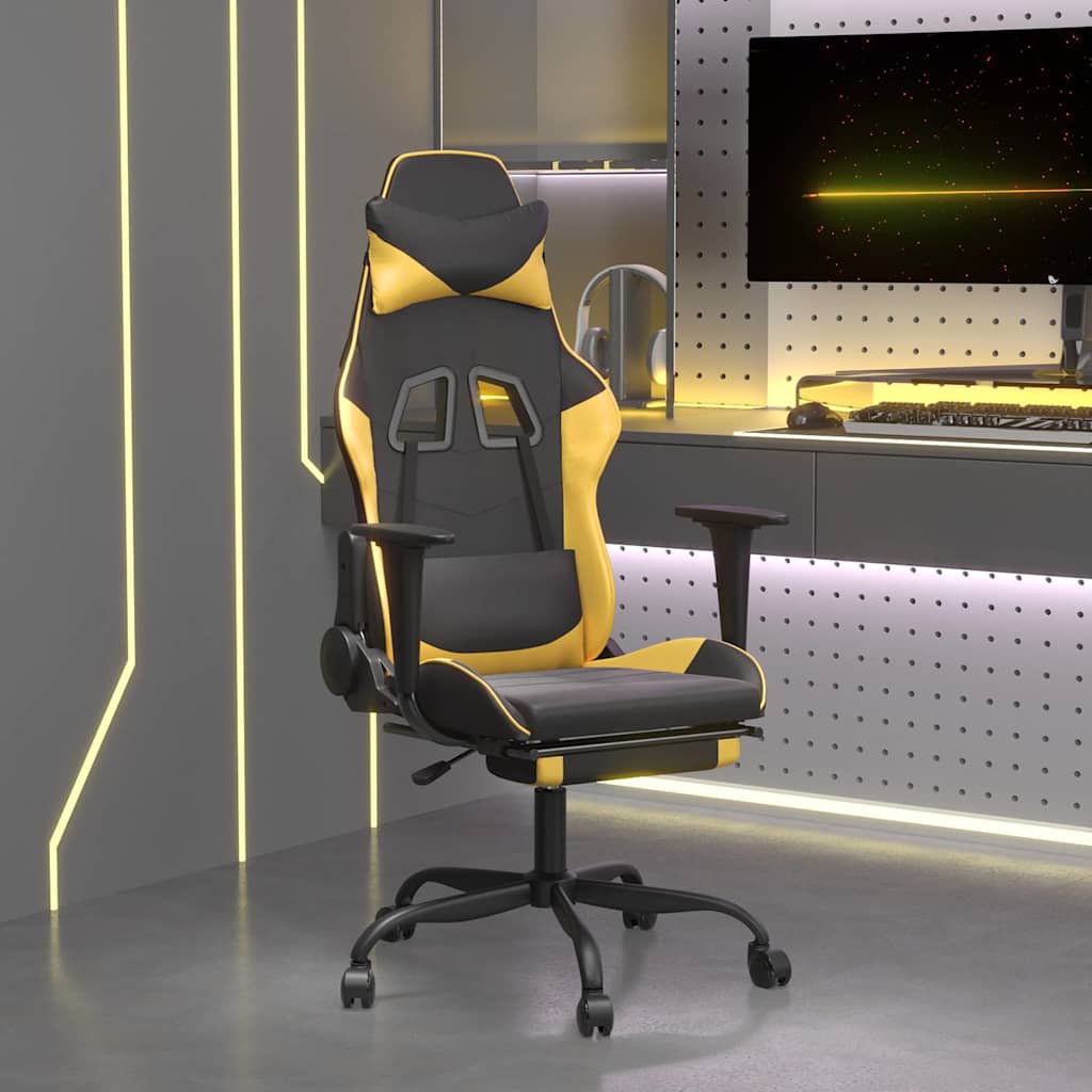 Vidaxl massage gamestoel met voetensteun kunstleer zwart goudkleurig