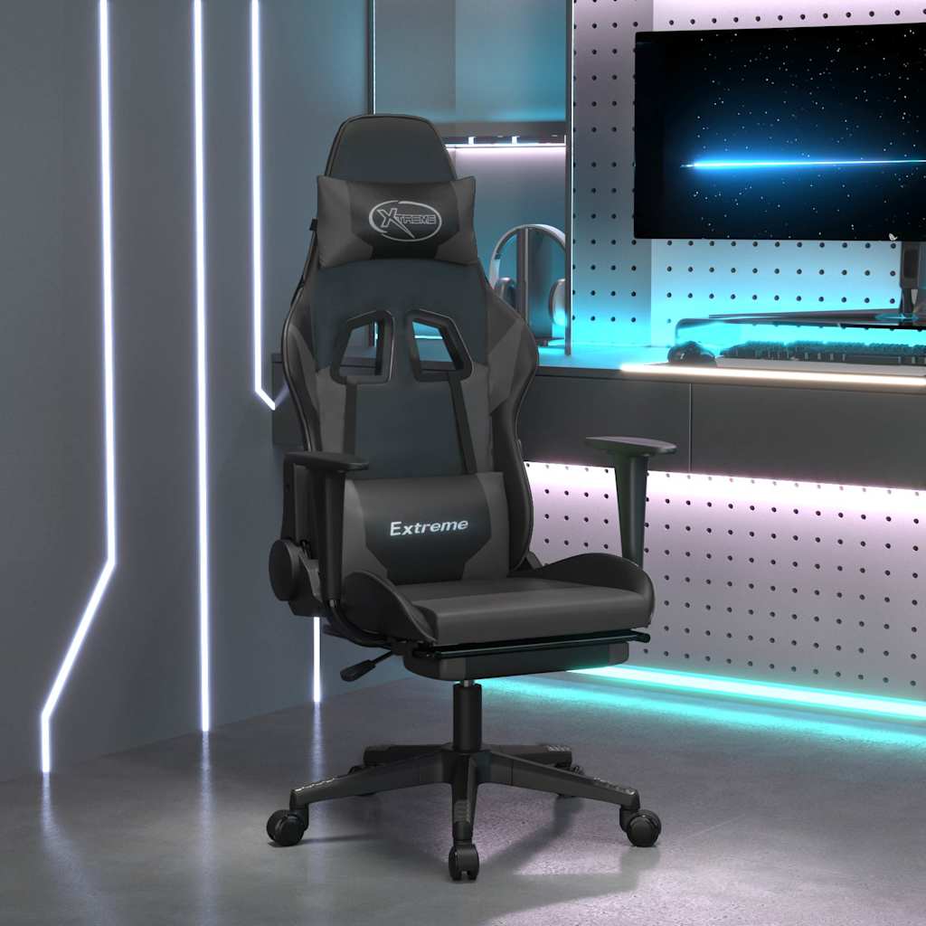 Vidaxl massage gamestoel met voetensteun kunstleer zwart en grijs