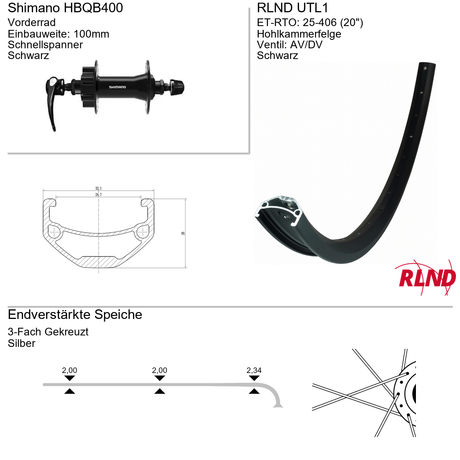 Roland voorwiel 25-406 20 zwart schijfrem 6-bouts qr utl1 shimano hb-qb400