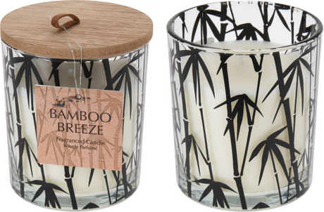Kaars in glazen pot met palm print en houten deksel 11x9cm
