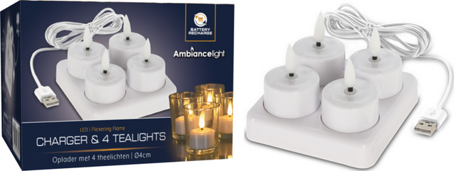 Theelicht led 4 stuks oplaadbaar incl. oplaadstation