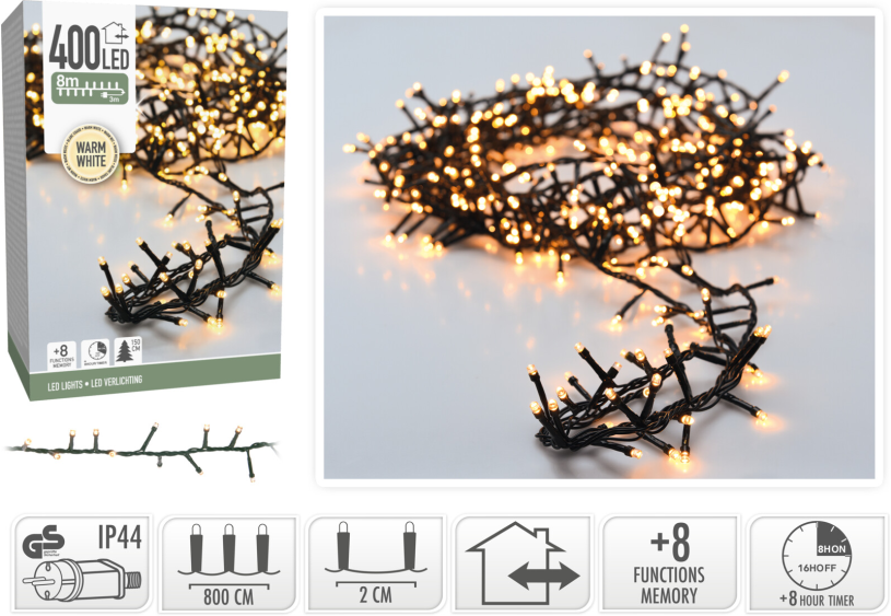 Verlichting 400led microcluster 8m ip44 - warm wit